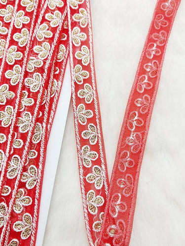 Wholesale Red Net Lace Floral Embroidery & Glitter Gold Sequins, Indian Wedding Border, Gifting Ribbon Costume Trim Fashion Trimming